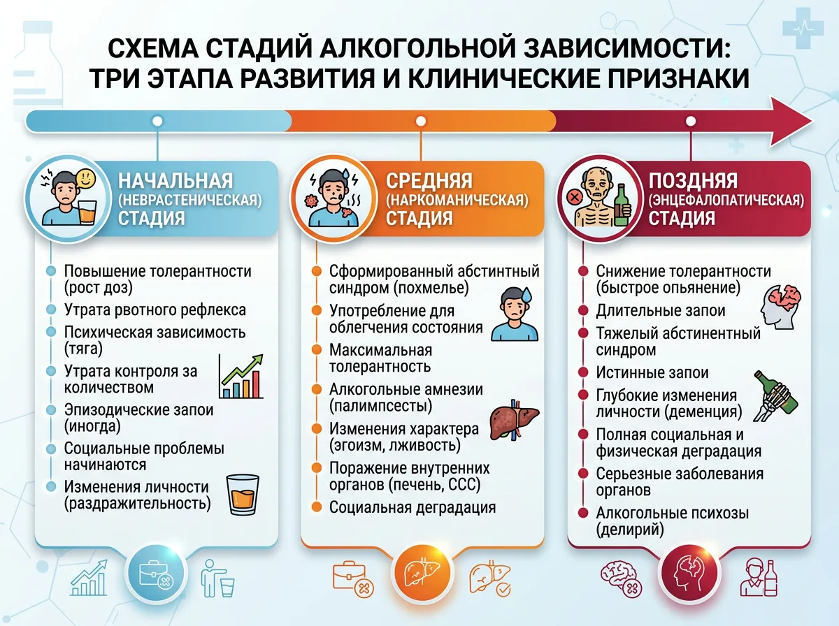 Схема стадий алкогольной зависимости: три этапа развития алкоголизма с клиническими признаками каждой стадии